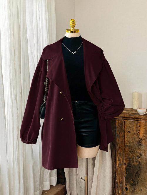 EZwear Wine Red Plain Collar Button Tie Casual Minimalist Plus Size Windbreaker French Style Clothes Long Jacket For Women In Fall/Winter