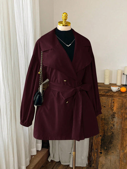 EZwear Wine Red Plain Collar Button Tie Casual Minimalist Plus Size Windbreaker French Style Clothes Long Jacket For Women In Fall/Winter