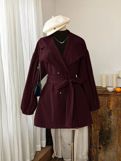 EZwear Wine Red Plain Collar Button Tie Casual Minimalist Plus Size Windbreaker French Style Clothes Long Jacket For Women In Fall/Winter