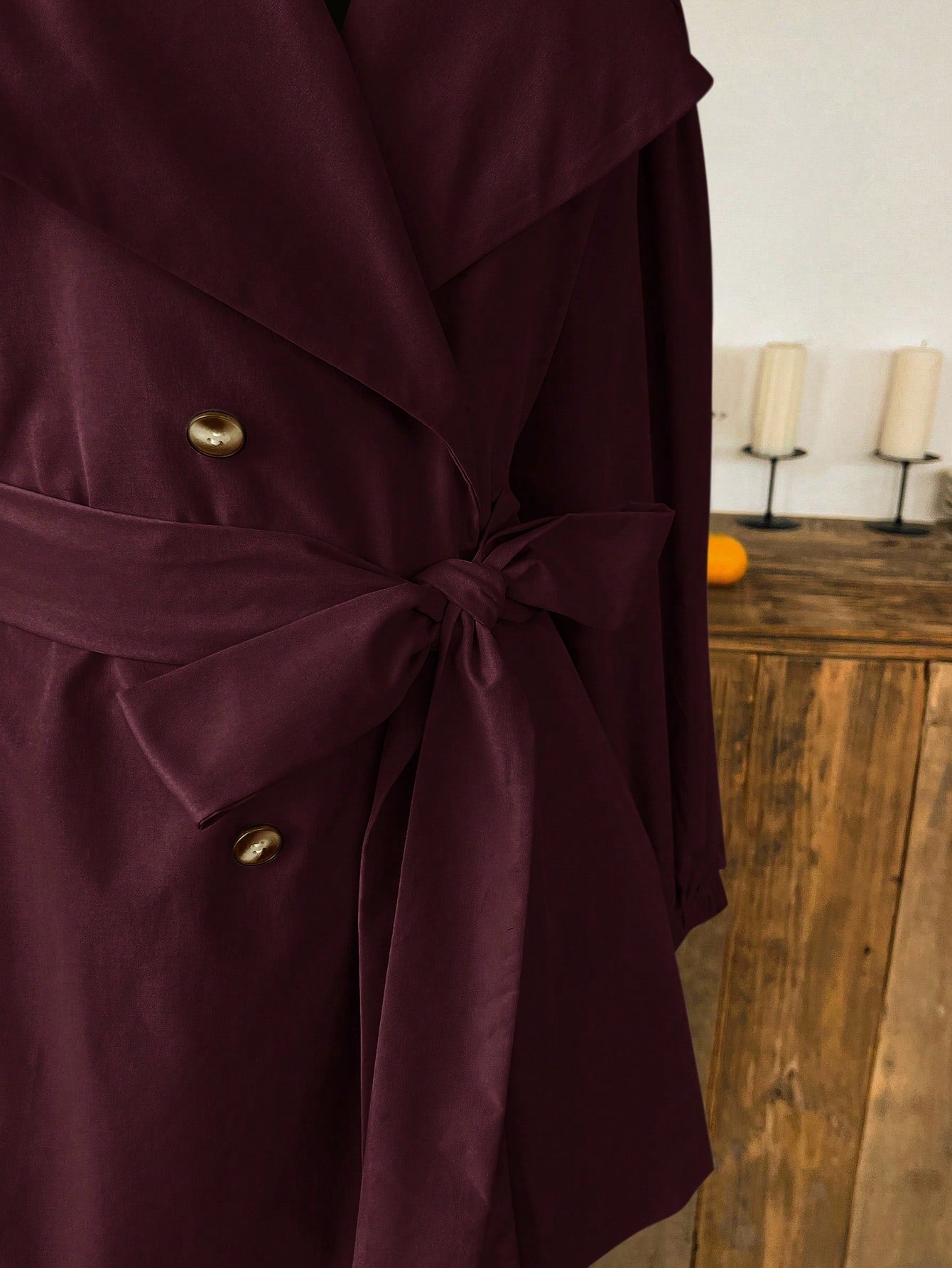 EZwear Wine Red Plain Collar Button Tie Casual Minimalist Plus Size Windbreaker French Style Clothes Long Jacket For Women In Fall/Winter