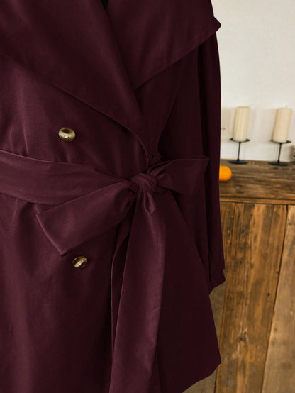 EZwear Wine Red Plain Collar Button Tie Casual Minimalist Plus Size Windbreaker French Style Clothes Long Jacket For Women In Fall/Winter