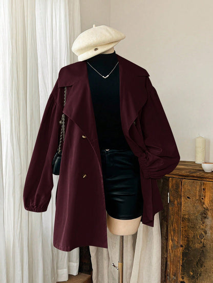 EZwear Wine Red Plain Collar Button Tie Casual Minimalist Plus Size Windbreaker French Style Clothes Long Jacket For Women In Fall/Winter