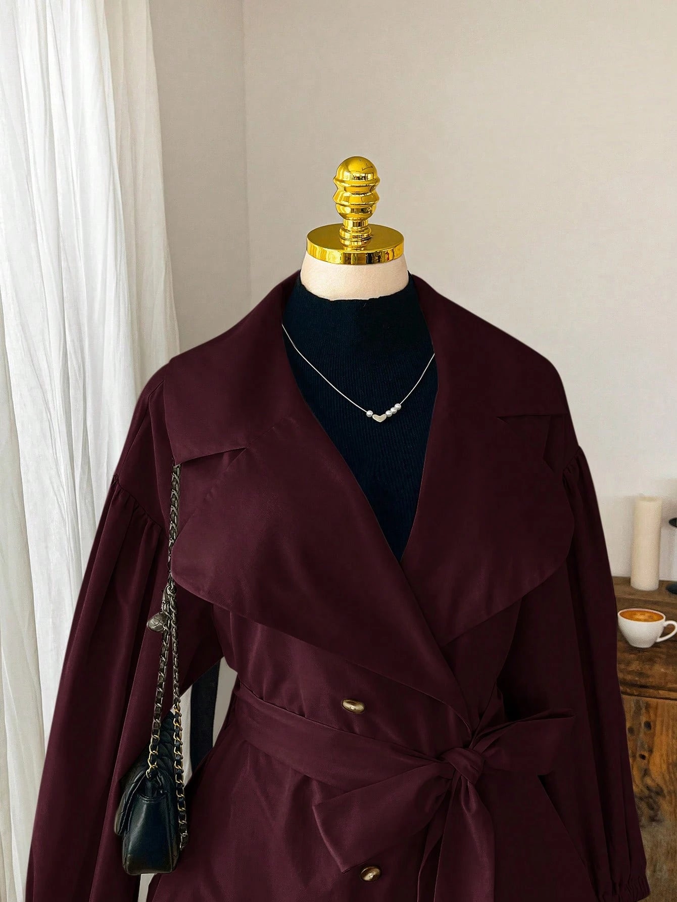 EZwear Wine Red Plain Collar Button Tie Casual Minimalist Plus Size Windbreaker French Style Clothes Long Jacket For Women In Fall/Winter