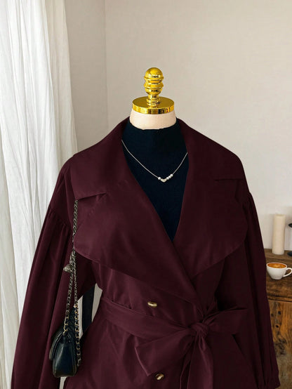 EZwear Wine Red Plain Collar Button Tie Casual Minimalist Plus Size Windbreaker French Style Clothes Long Jacket For Women In Fall/Winter