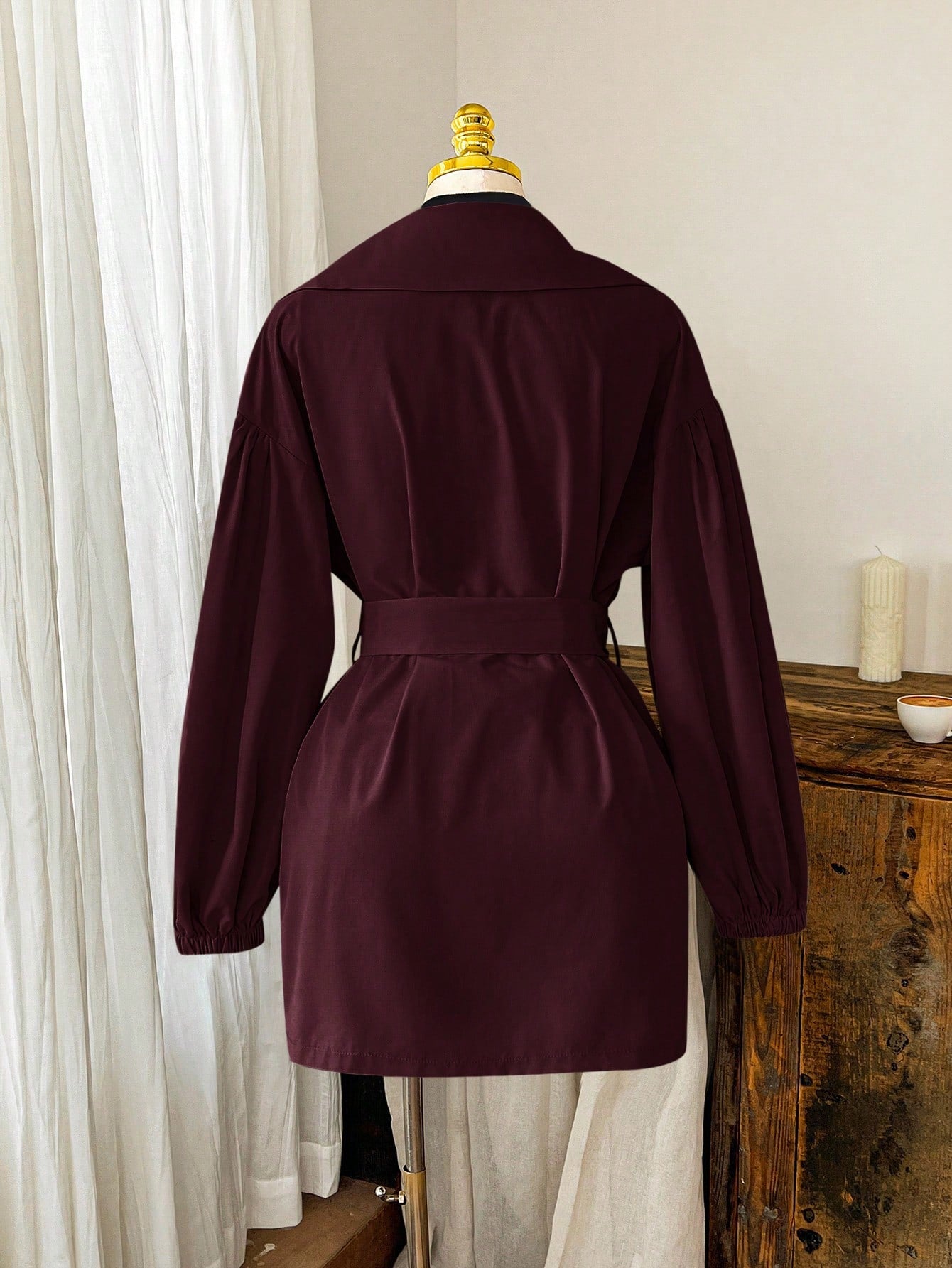 EZwear Wine Red Plain Collar Button Tie Casual Minimalist Plus Size Windbreaker French Style Clothes Long Jacket For Women In Fall/Winter