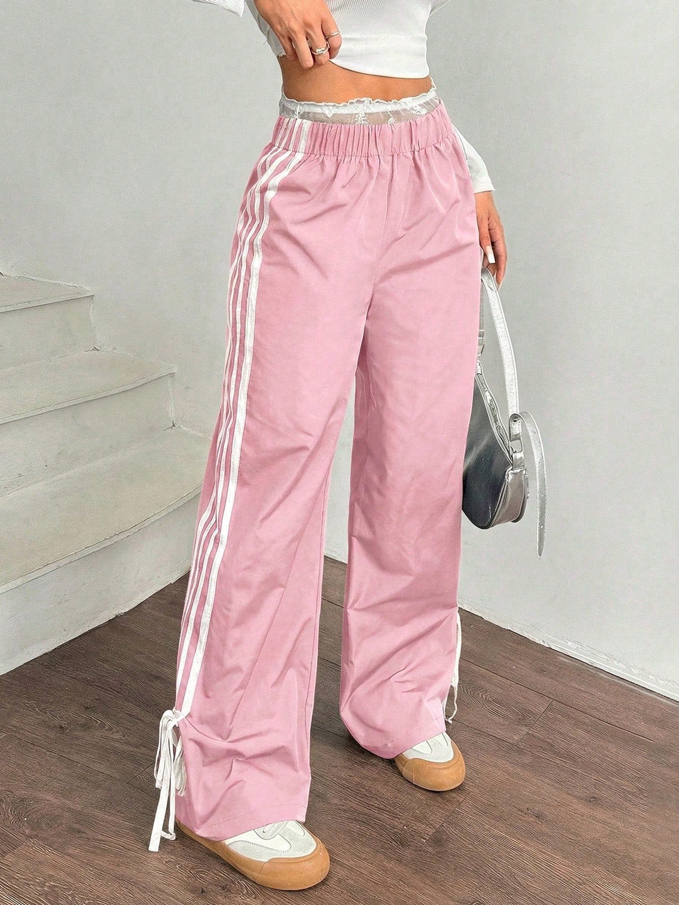 EZwear Women Black Side Contrast White Tape Elastic Waist Pants Pink Casual Track Drawstring Loose Wide Leg For Women's Summer Woman High