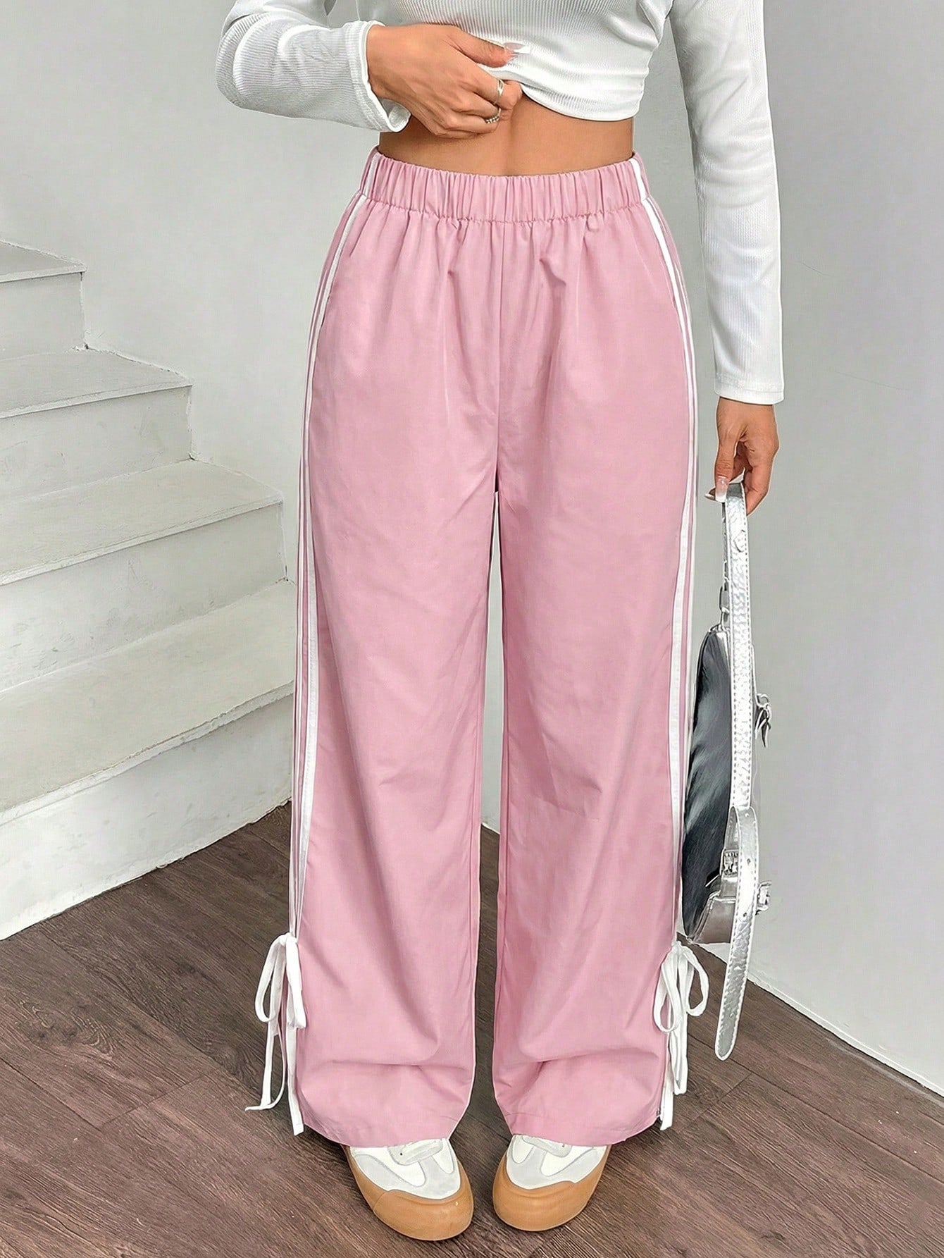 EZwear Women Black Side Contrast White Tape Elastic Waist Pants Pink Casual Track Drawstring Loose Wide Leg For Women's Summer Woman High