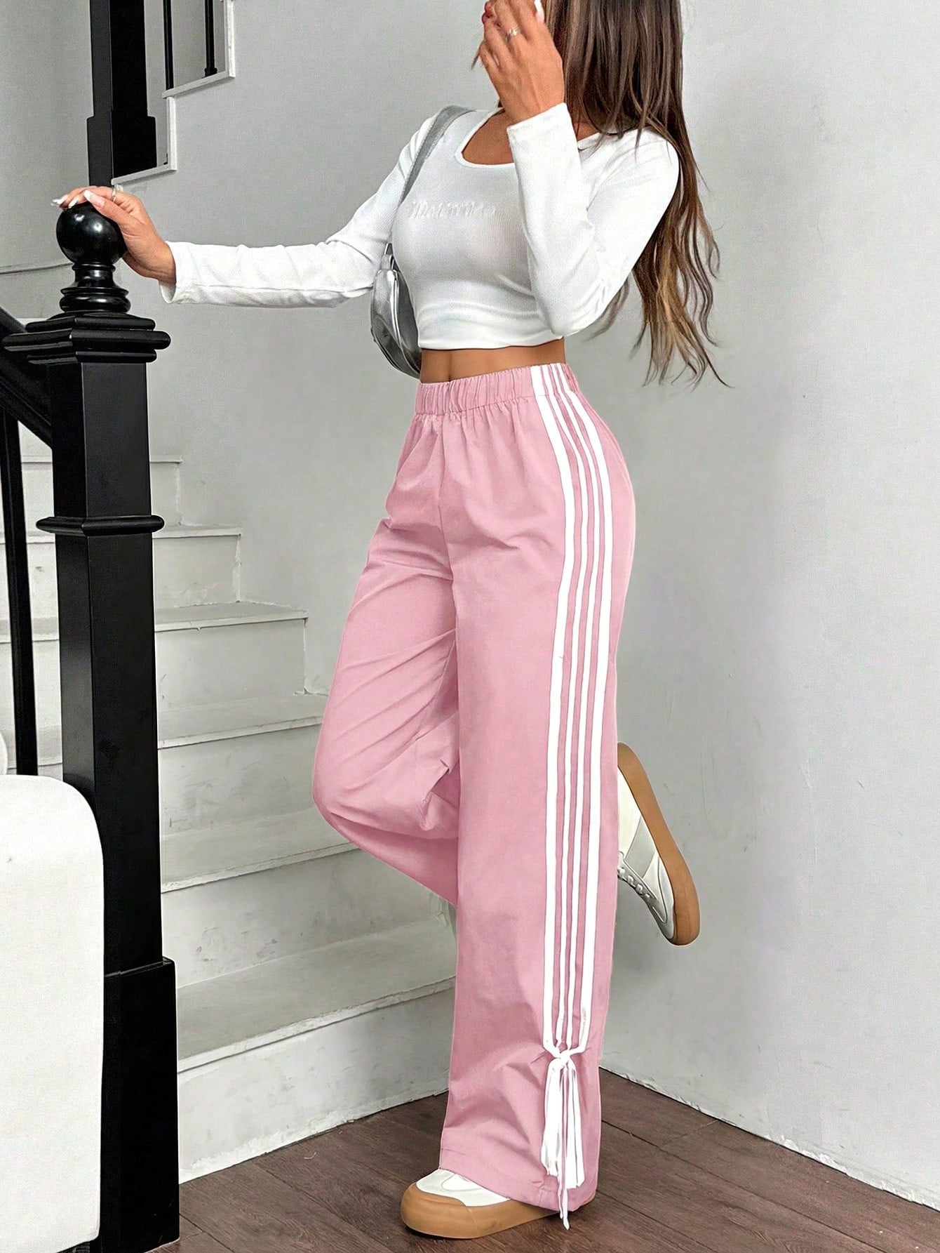 EZwear Women Black Side Contrast White Tape Elastic Waist Pants Pink Casual Track Drawstring Loose Wide Leg For Women's Summer Woman High
