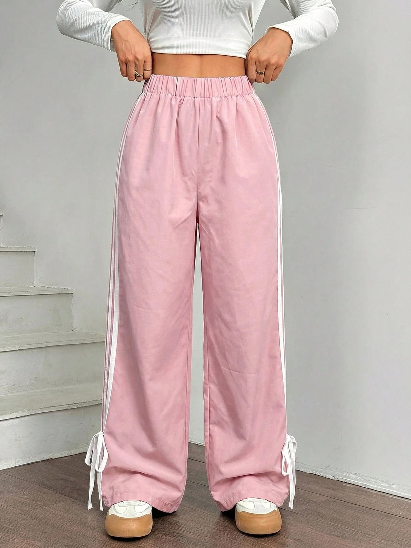 EZwear Women Black Side Contrast White Tape Elastic Waist Pants Pink Casual Track Drawstring Loose Wide Leg For Women's Summer Woman High