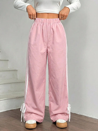 EZwear Women Black Side Contrast White Tape Elastic Waist Pants Pink Casual Track Drawstring Loose Wide Leg For Women's Summer Woman High