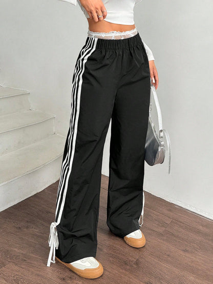 EZwear Women Black Side Contrast White Tape Elastic Waist Pants Pink Casual Track Drawstring Loose Wide Leg For Women's Summer Woman High