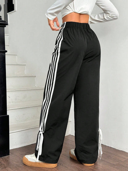 EZwear Women Black Side Contrast White Tape Elastic Waist Pants Pink Casual Track Drawstring Loose Wide Leg For Women's Summer Woman High