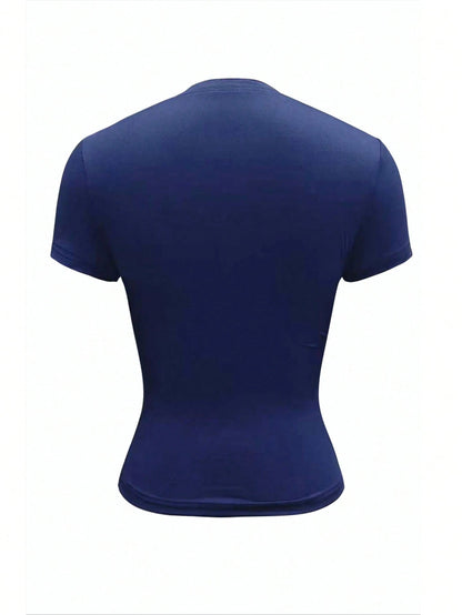 EZwear Women Navy Letter Button Placket Short Sleeve Casual Cropped T-Shirt, Minimalist Design Blue Top