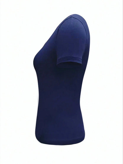 EZwear Women Navy Letter Button Placket Short Sleeve Casual Cropped T-Shirt, Minimalist Design Blue Top