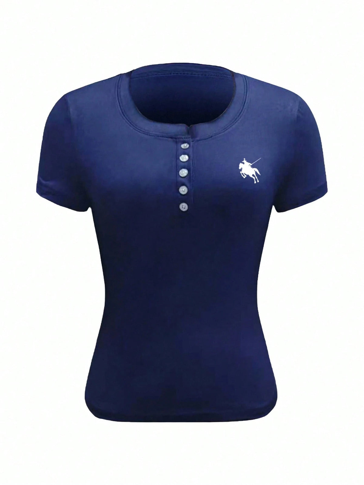 EZwear Women Navy Letter Button Placket Short Sleeve Casual Cropped T-Shirt, Minimalist Design Blue Top