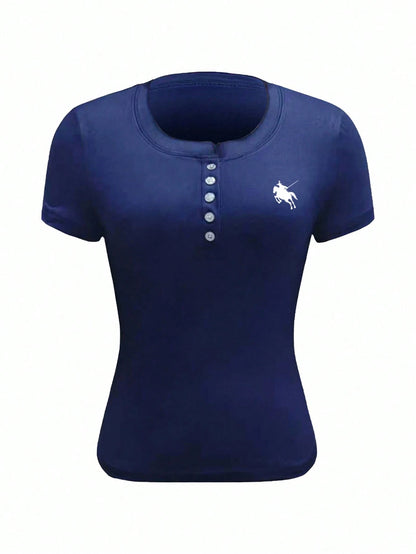 EZwear Women Navy Letter Button Placket Short Sleeve Casual Cropped T-Shirt, Minimalist Design Blue Top