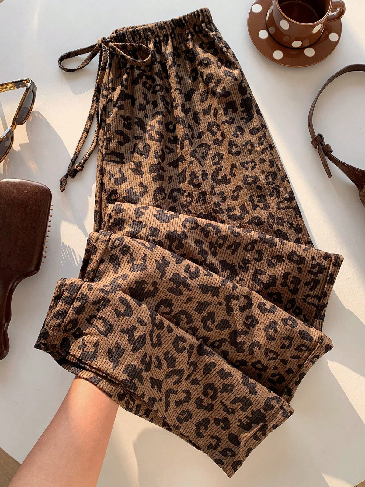 EZwear Women's Casual 70s 90s Leopard Print Drawstring Waist Loose Pants Lounge Travel Home Dark Brown Autumn