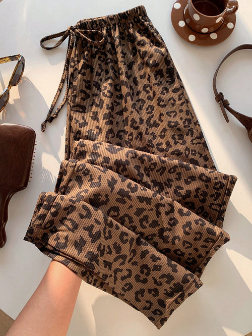 EZwear Women's Casual 70s 90s Leopard Print Drawstring Waist Loose Pants Lounge Travel Home Dark Brown Autumn