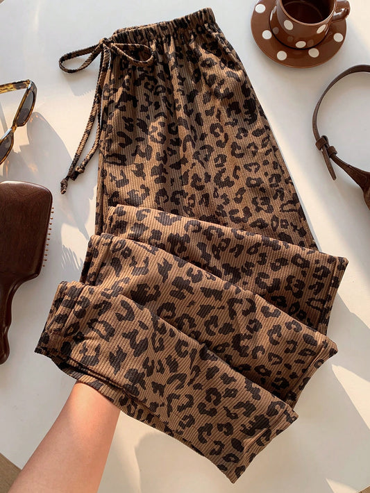 EZwear Women's Casual 70s 90s Leopard Print Drawstring Waist Loose Pants Lounge Travel Home Dark Brown Autumn