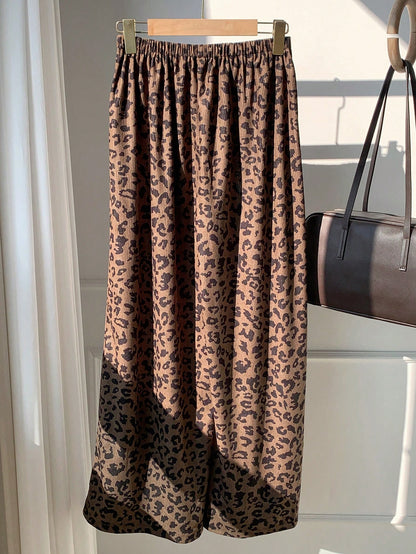EZwear Women's Casual 70s 90s Leopard Print Drawstring Waist Loose Pants Lounge Travel Home Dark Brown Autumn