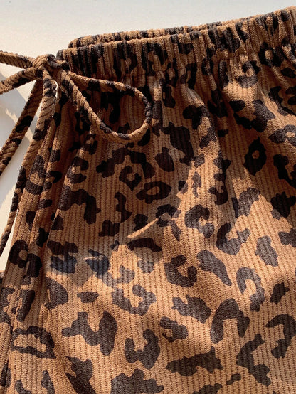 EZwear Women's Casual 70s 90s Leopard Print Drawstring Waist Loose Pants Lounge Travel Home Dark Brown Autumn