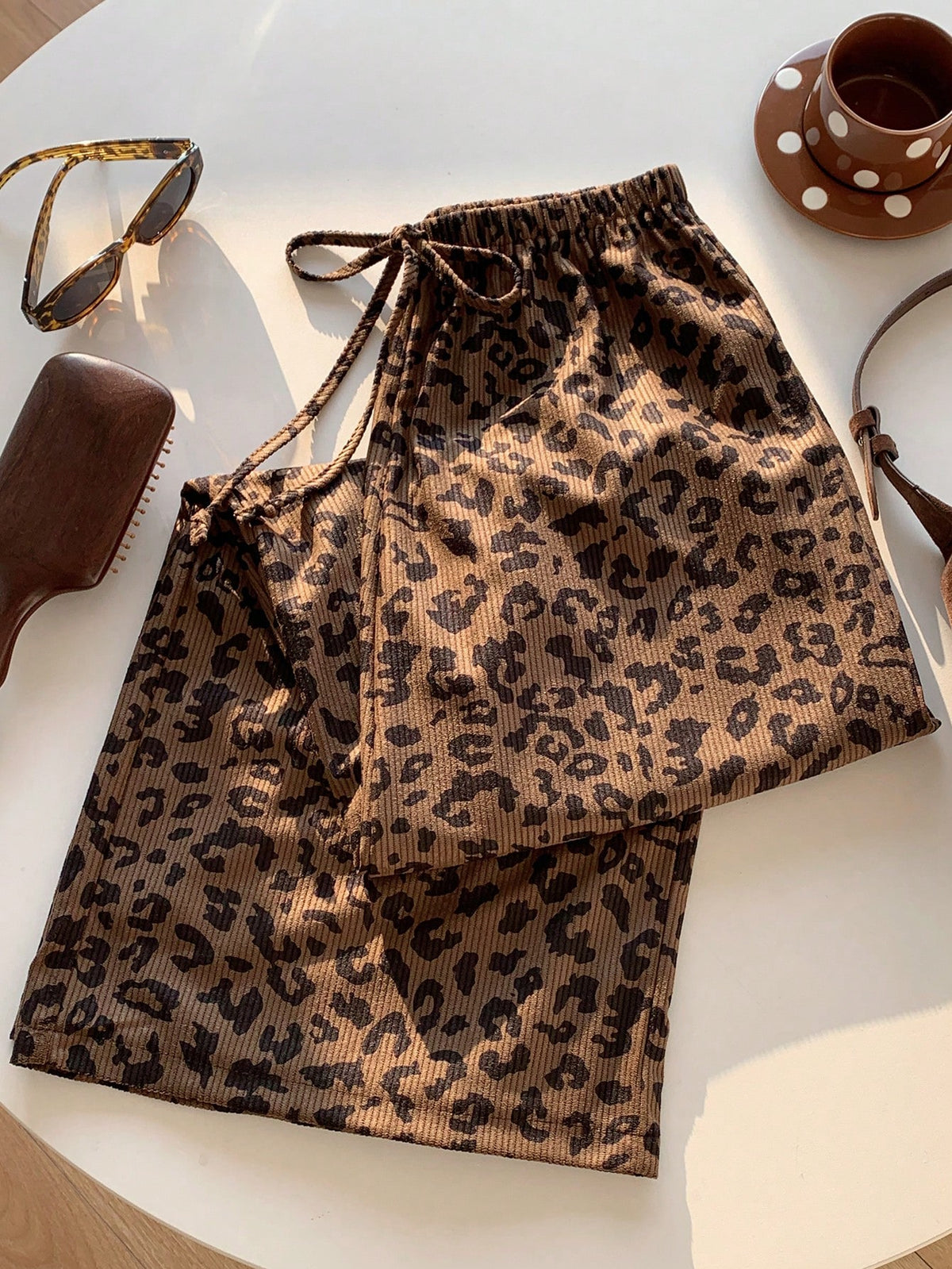 EZwear Women's Casual 70s 90s Leopard Print Drawstring Waist Loose Pants Lounge Travel Home Dark Brown Autumn
