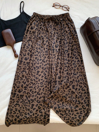 EZwear Women's Casual 70s 90s Leopard Print Drawstring Waist Loose Pants Lounge Travel Home Dark Brown Autumn