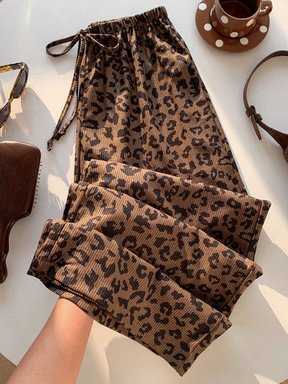 EZwear Women's Casual 70s 90s Leopard Print Drawstring Waist Loose Pants Lounge Travel Home Dark Brown Autumn