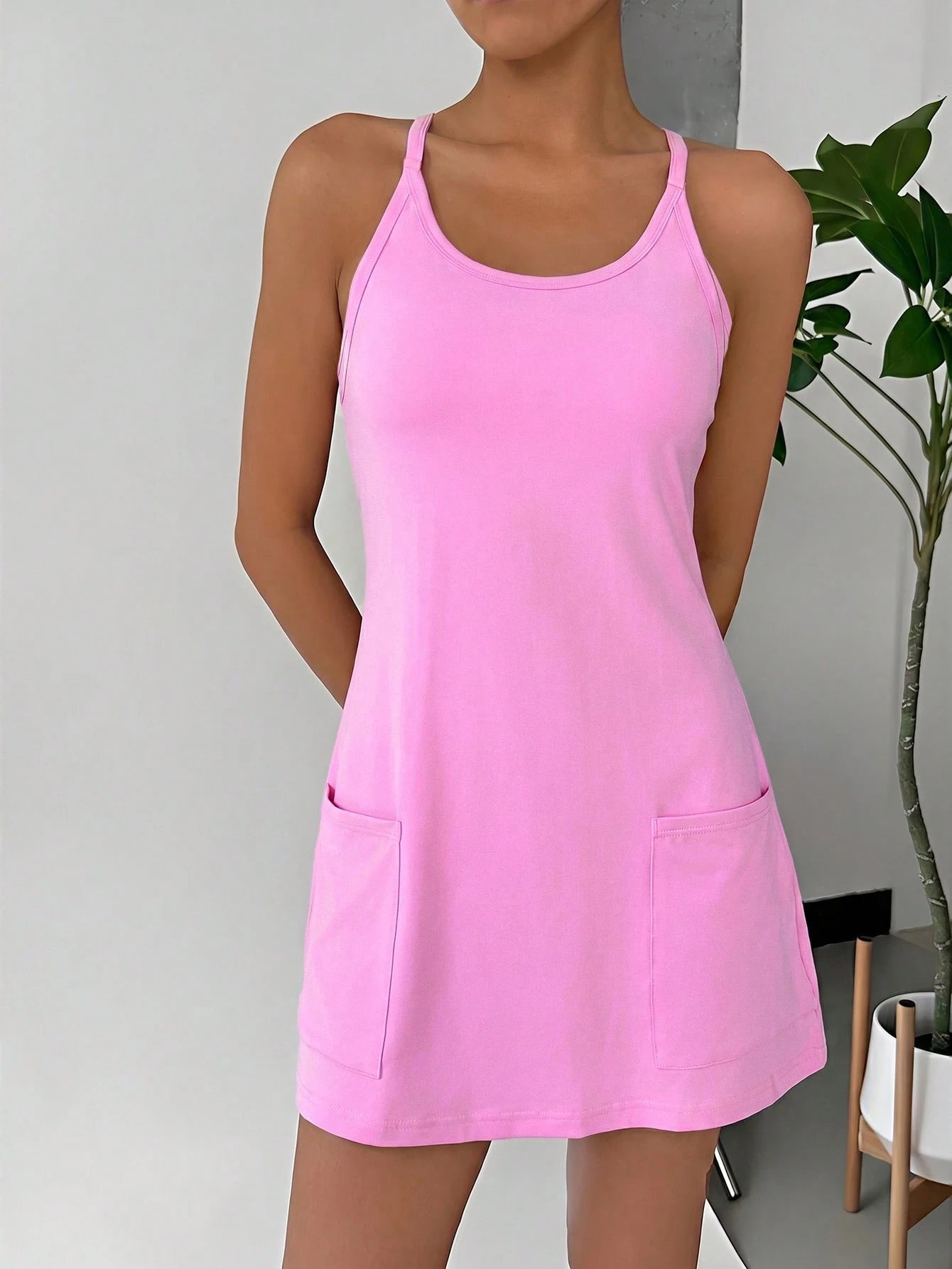 EZwear Women's Casual Solid Color Spaghetti Strap Dress, Suitable For Daily Commute In Summer
