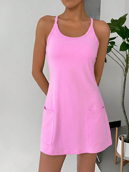 EZwear Women's Casual Solid Color Spaghetti Strap Dress, Suitable For Daily Commute In Summer