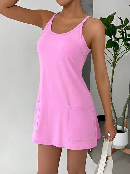 EZwear Women's Casual Solid Color Spaghetti Strap Dress, Suitable For Daily Commute In Summer