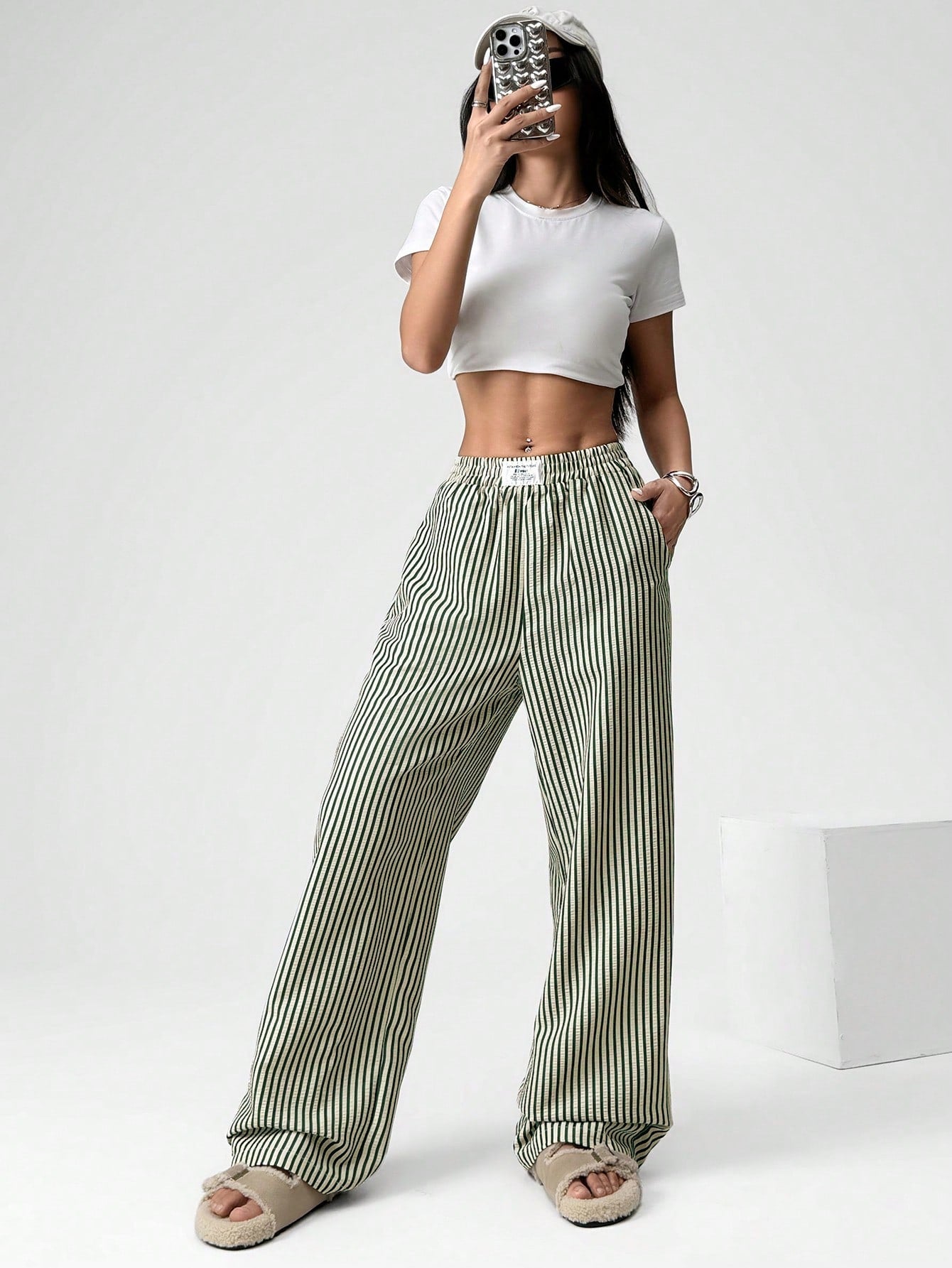 EZwear Women's Casual Striped Woven Wide-Leg Pants