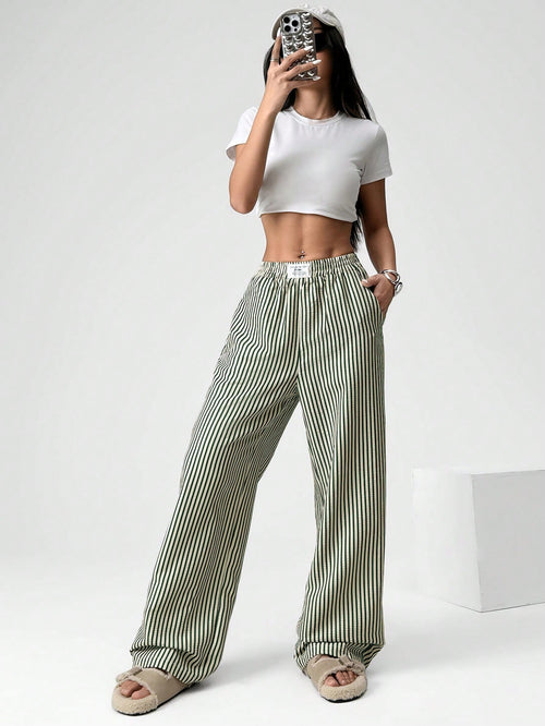 EZwear Women's Casual Striped Woven Wide-Leg Pants