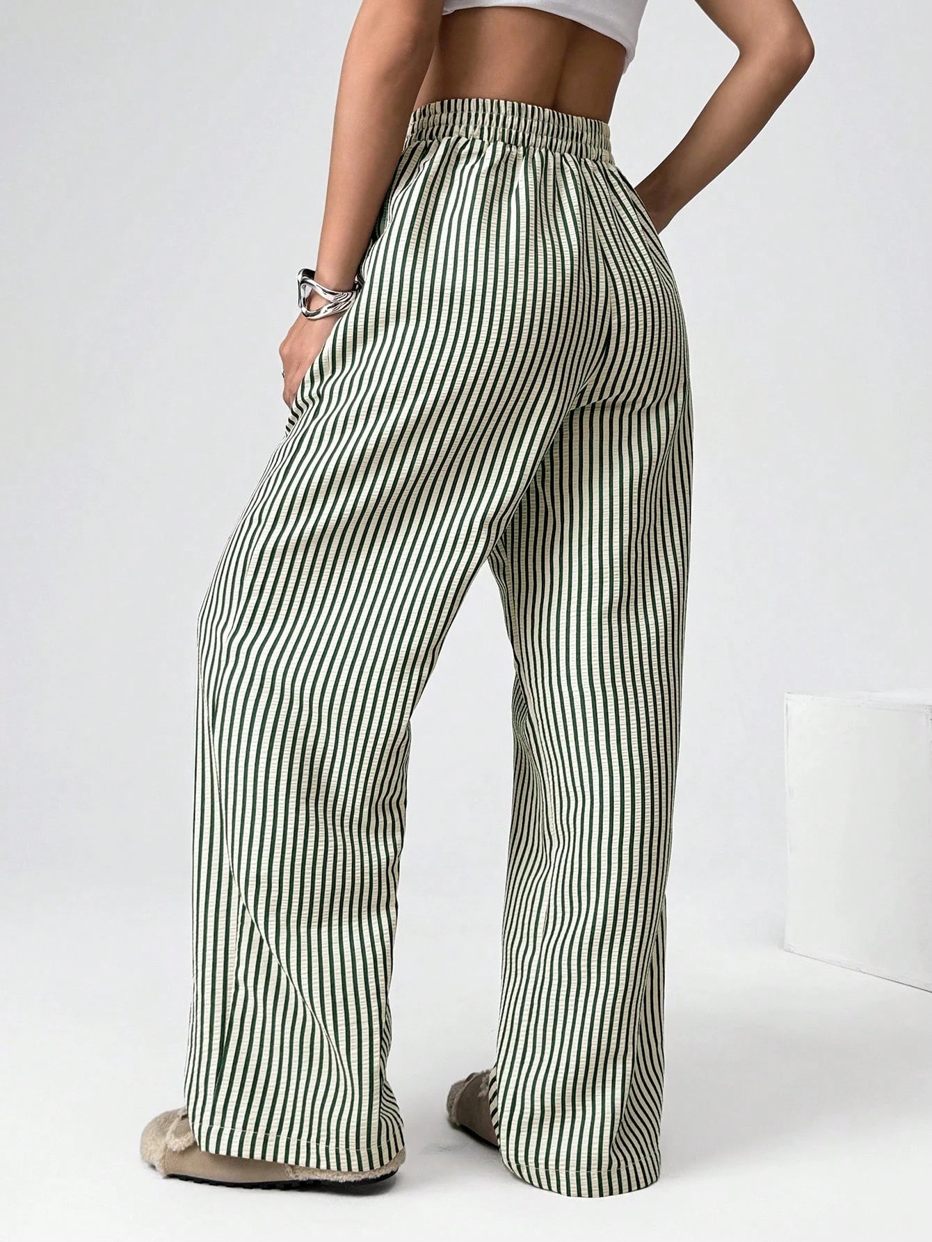 EZwear Women's Casual Striped Woven Wide-Leg Pants