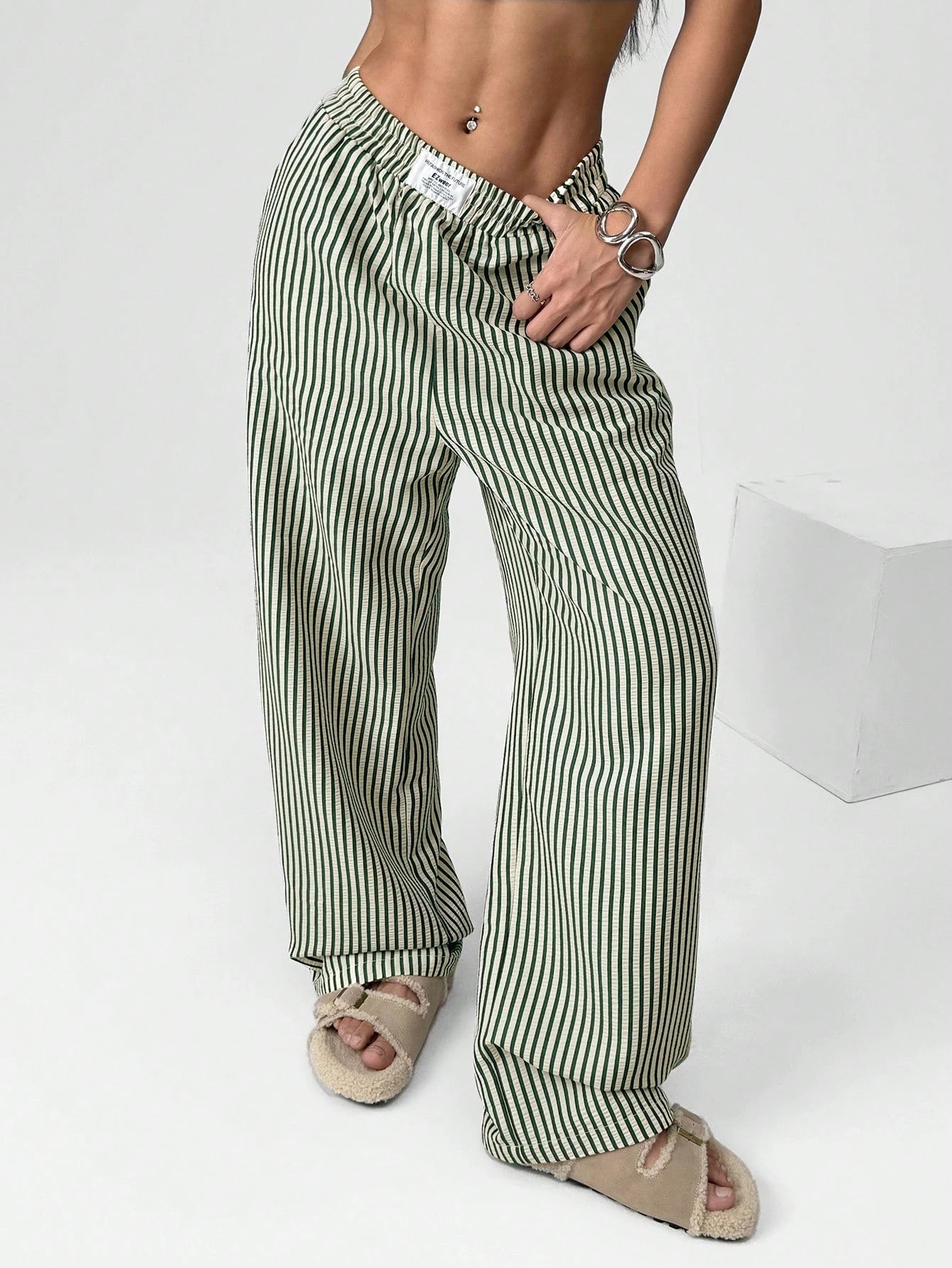 EZwear Women's Casual Striped Woven Wide-Leg Pants