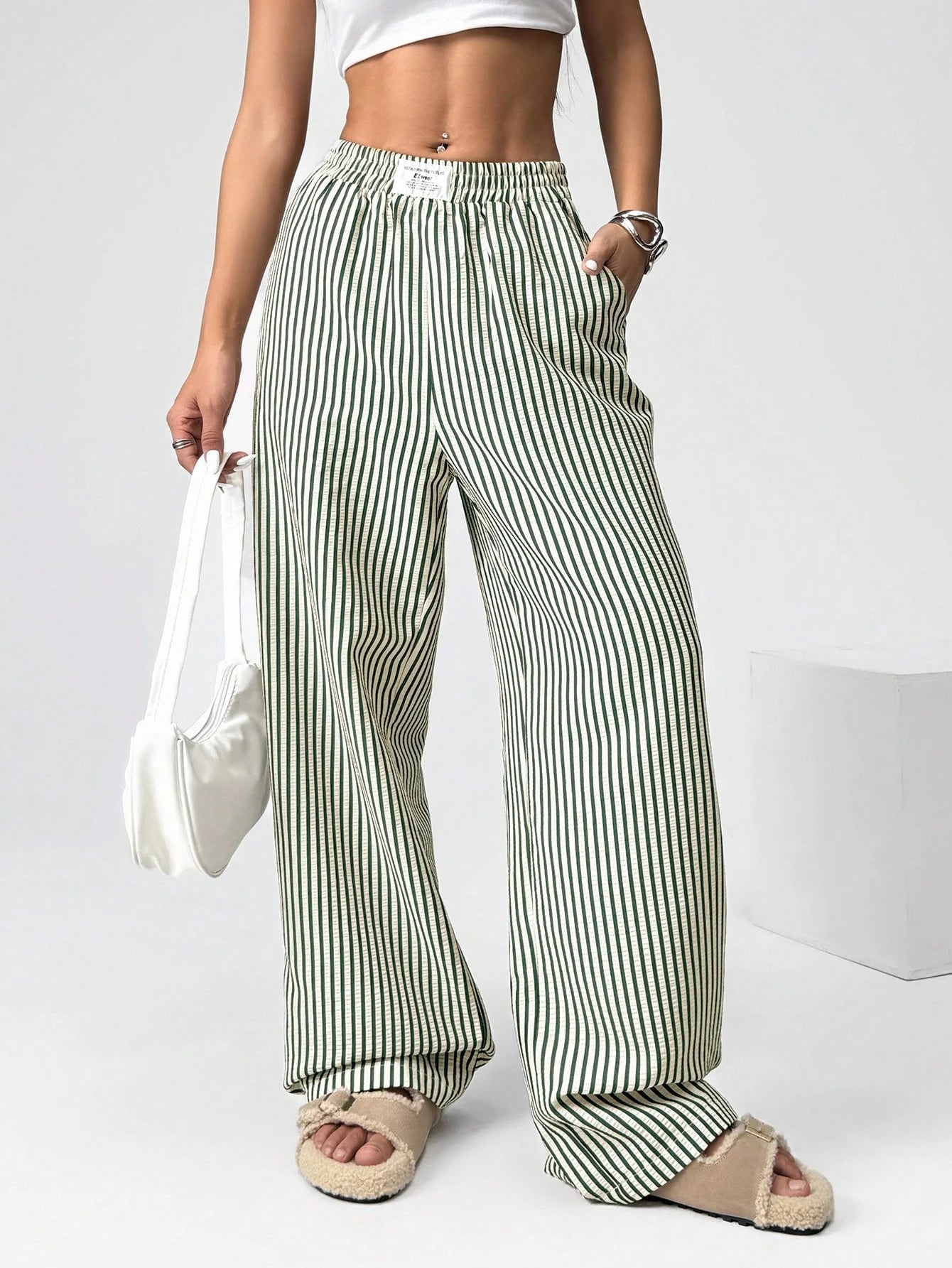 EZwear Women's Casual Striped Woven Wide-Leg Pants