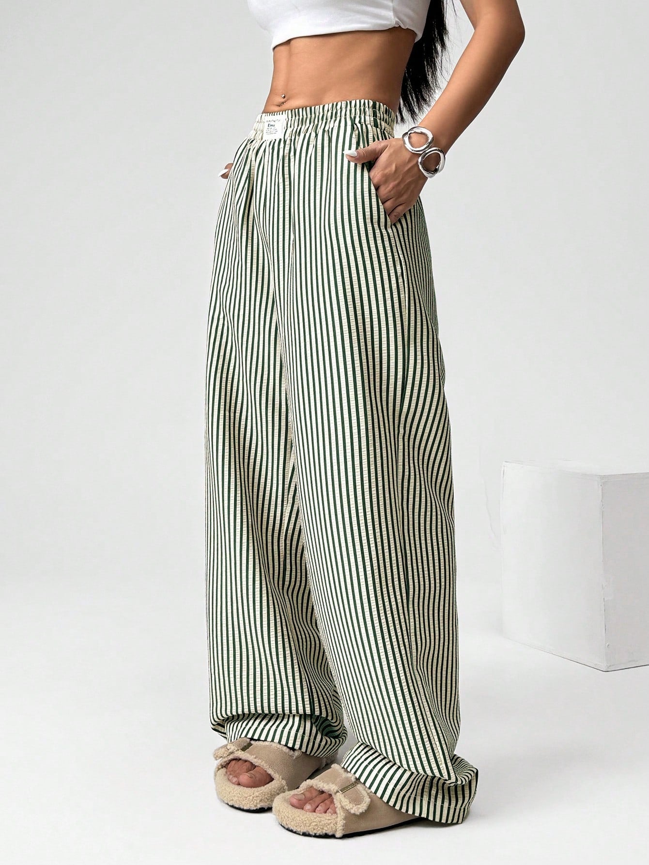 EZwear Women's Casual Striped Woven Wide-Leg Pants