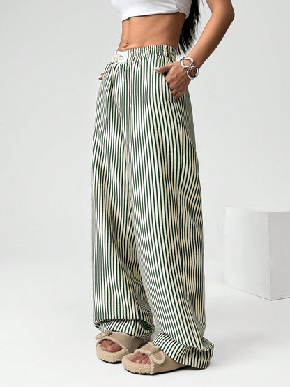 EZwear Women's Casual Striped Woven Wide-Leg Pants
