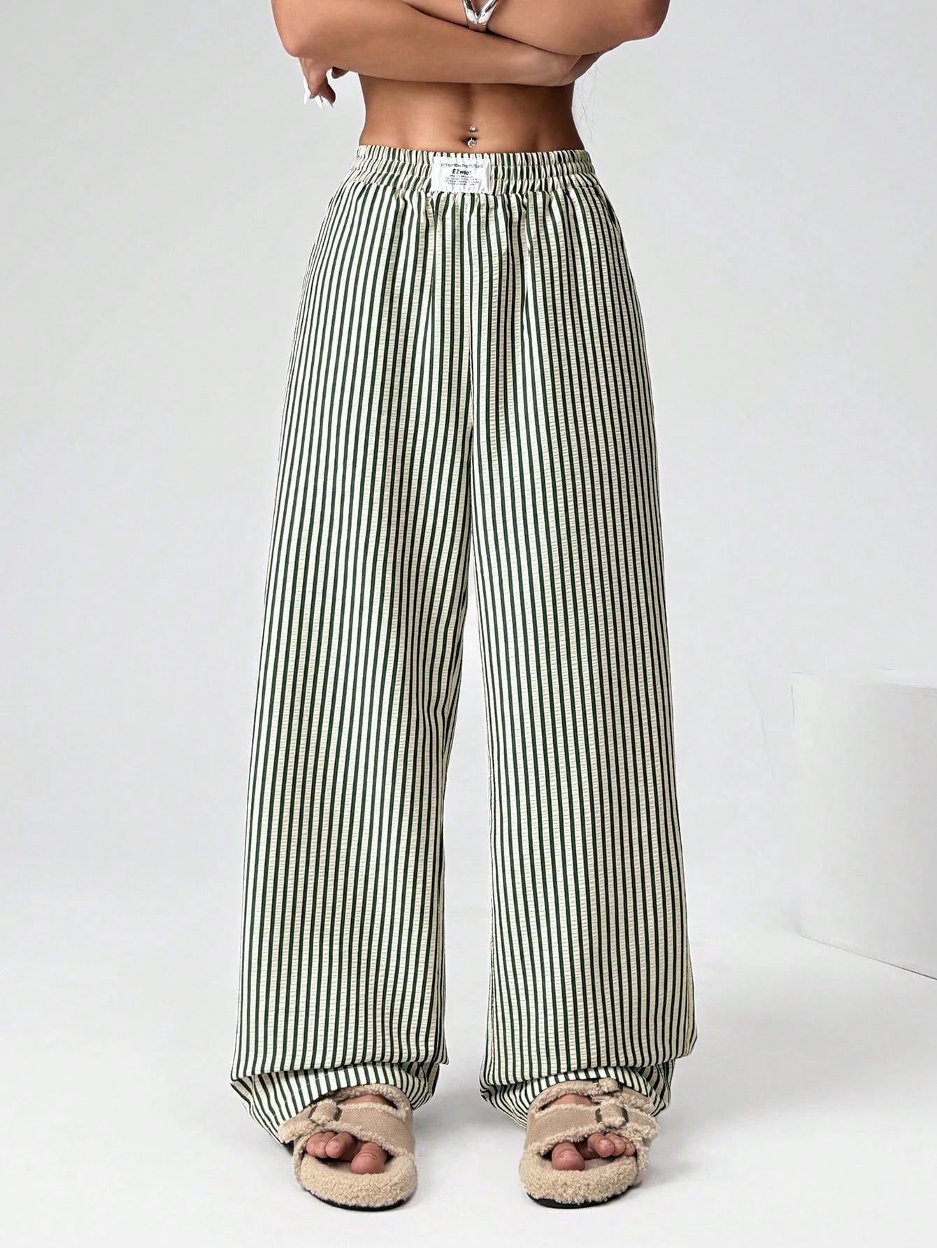 EZwear Women's Casual Striped Woven Wide-Leg Pants