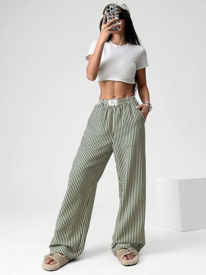 EZwear Women's Casual Striped Woven Wide-Leg Pants
