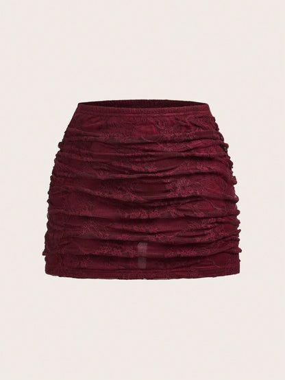EZwear Women's Layered Burgundy Floral Lace Fitted Skirt, Spring/Summer Red Women Maroon Ruched Mini