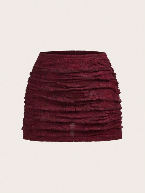 EZwear Women's Layered Burgundy Floral Lace Fitted Skirt, Spring/Summer Red Women Maroon Ruched Mini