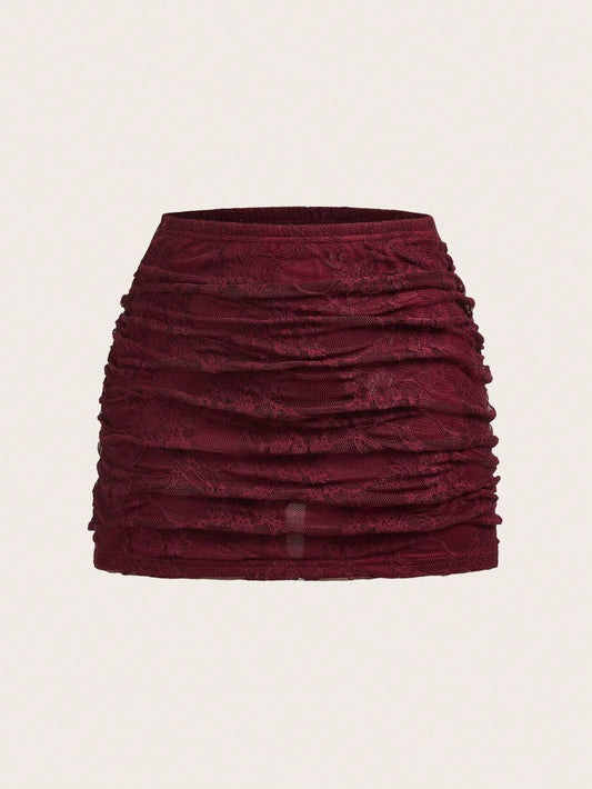 EZwear Women's Layered Burgundy Floral Lace Fitted Skirt, Spring/Summer Red Women Maroon Ruched Mini