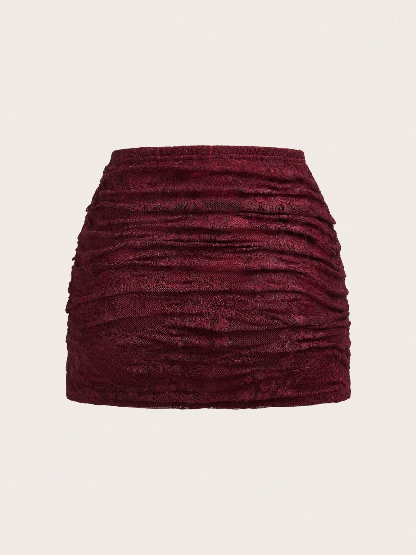 EZwear Women's Layered Burgundy Floral Lace Fitted Skirt, Spring/Summer Red Women Maroon Ruched Mini