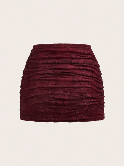 EZwear Women's Layered Burgundy Floral Lace Fitted Skirt, Spring/Summer Red Women Maroon Ruched Mini