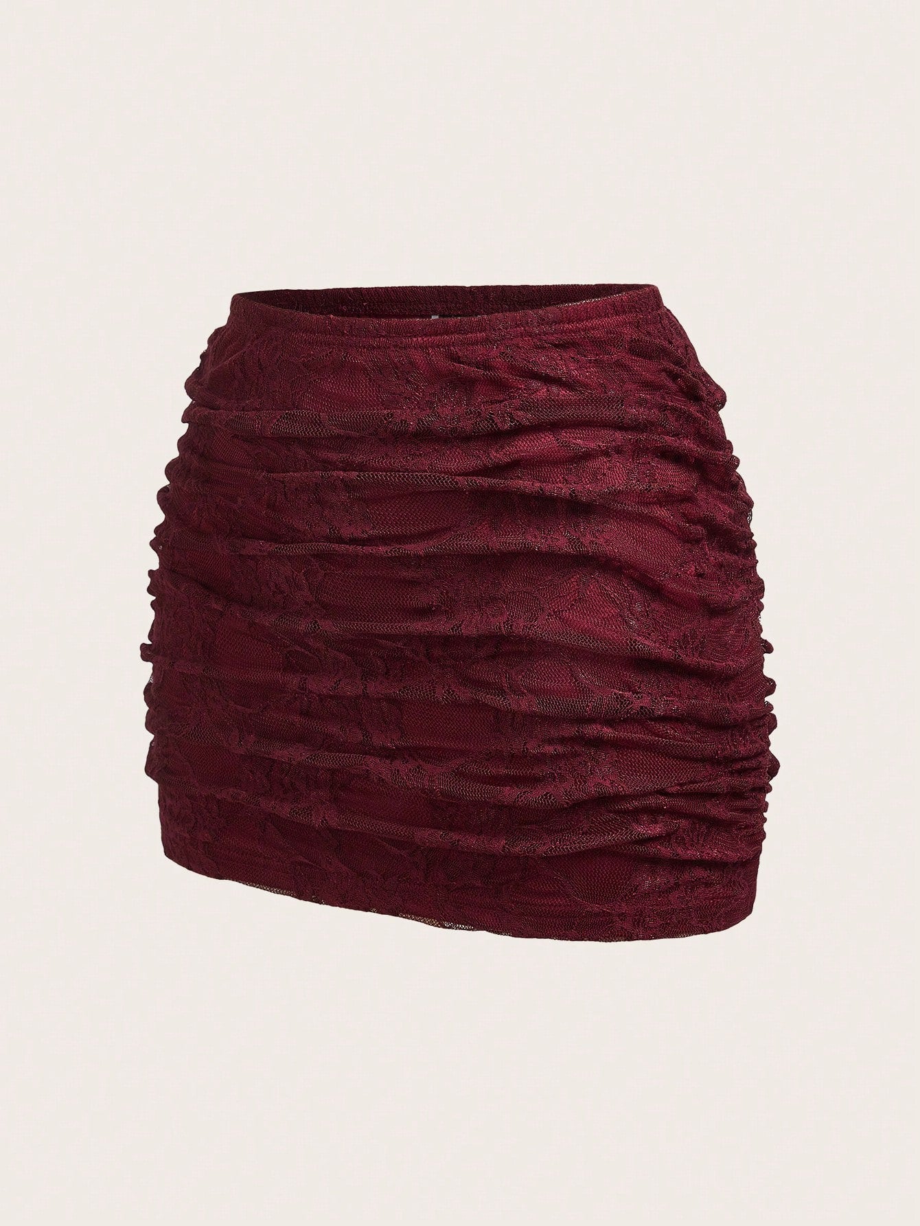 EZwear Women's Layered Burgundy Floral Lace Fitted Skirt, Spring/Summer Red Women Maroon Ruched Mini