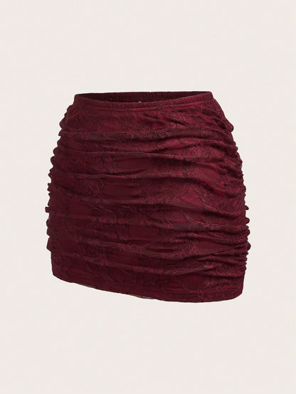 EZwear Women's Layered Burgundy Floral Lace Fitted Skirt, Spring/Summer Red Women Maroon Ruched Mini