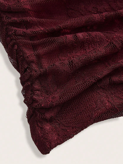 EZwear Women's Layered Burgundy Floral Lace Fitted Skirt, Spring/Summer Red Women Maroon Ruched Mini