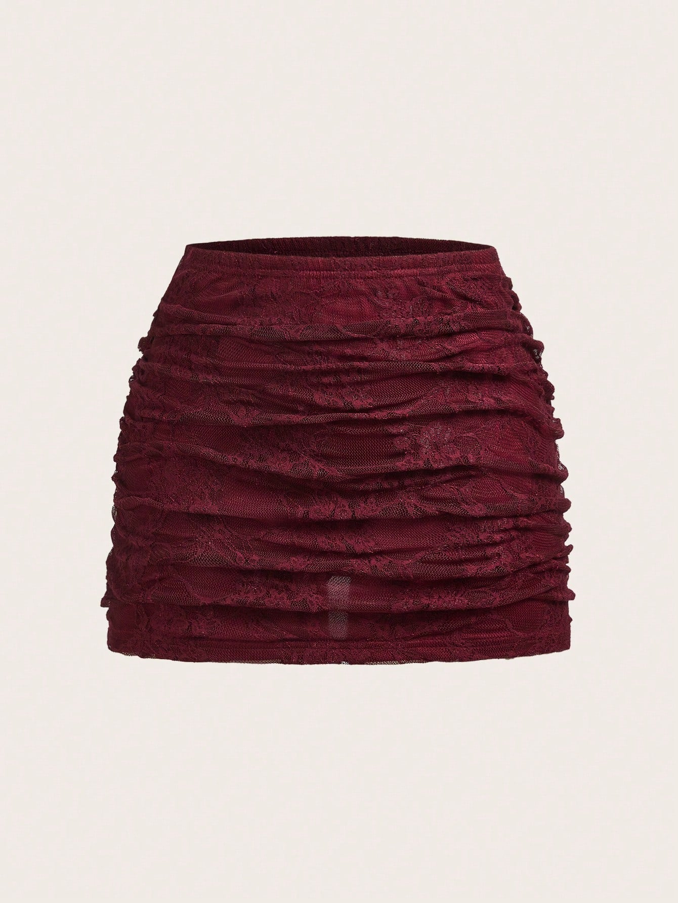 EZwear Women's Layered Burgundy Floral Lace Fitted Skirt, Spring/Summer Red Women Maroon Ruched Mini