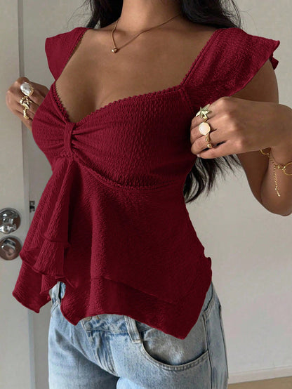 EZwear Women's Textured Knit Ruffle Hem Sweetheart Neck Cap Sleeve Elegant T-Shirt, Rave Top,Summer Top